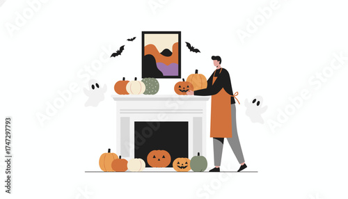Man decorates home fireplace with pumpkins bats and ghosts for a festive Halloween celebration