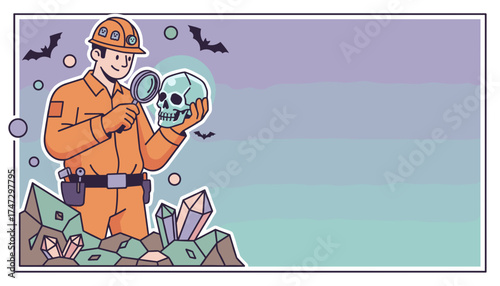 Curious explorer examines a skull with magnifying glass among crystals and flying bats