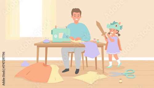 Father sewing costumes for his happy daughter playing dressup showcasing family creativity and hobbies