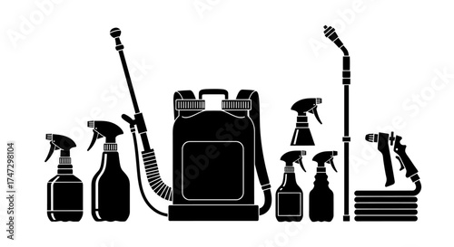 Black and white illustration of various sprayers and a backpack sprayer for gardening and pest control.