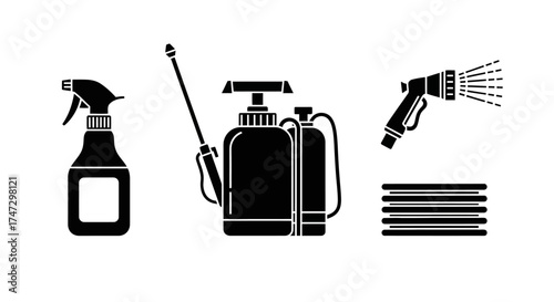 Vector illustration of various garden sprayers and a hose on white background.