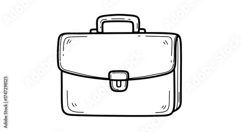 Hand-drawn black and white line art illustration of a business briefcase isolated on a white background.