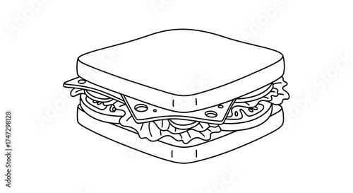 A black and white line art illustration of a layered sandwich with cheese, lettuce, and tomato.