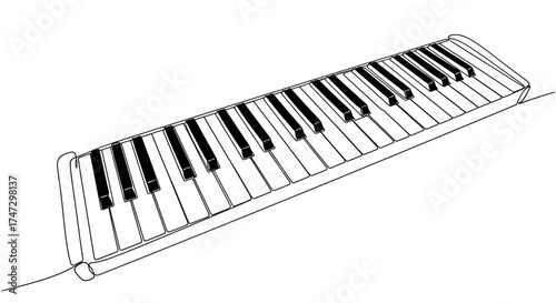 Line drawing of a piano keyboard, showing the black and white keys in detail.