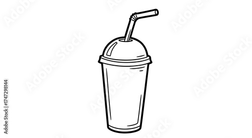 A simple black and white line drawing of a disposable plastic cup with a domed lid and a straw.