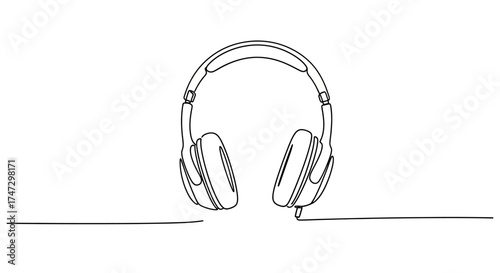 Minimalist line drawing of headphones on a surface, simple and clean design.