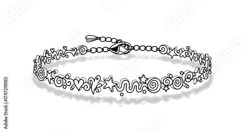 A delicate silver bracelet adorned with a whimsical assortment of tiny charms including hearts, stars, swirls, and abstract shapes.