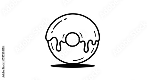 Simple black and white line art illustration of a classic ring donut with dripping icing, casting a small shadow.