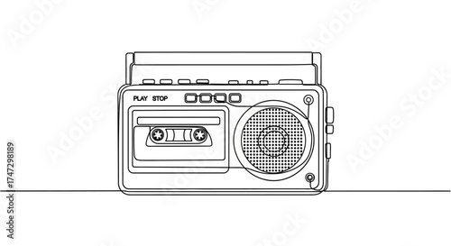A detailed line drawing of a retro cassette tape player, showcasing its various components.