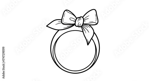 A simple black and white illustration of a ring adorned with a decorative bow.