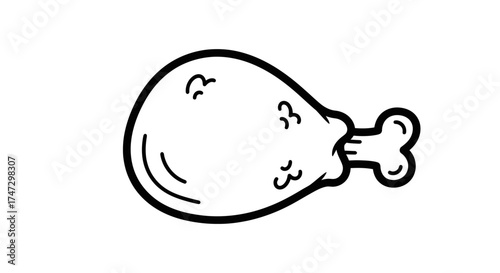 A black and white line drawing of a fried chicken leg with bone, isolated on a white background.