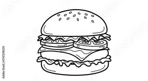 A black and white illustration of a delicious hamburger, ready to eat.