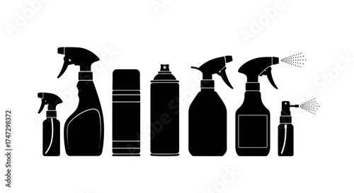 Silhouette collection of various spray bottles and aerosol cans on a clean white background.