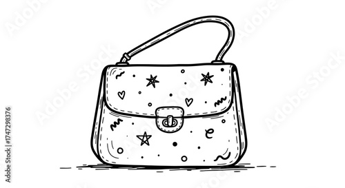 Hand-drawn illustration of a handbag with a flap closure and decorations of stars, hearts, and other shapes.