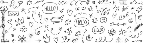 Hand-drawn doodle elements, whimsical sketch icons, decorative vector symbols, playful design set, hearts stars arrows swirls, flat vector illustration