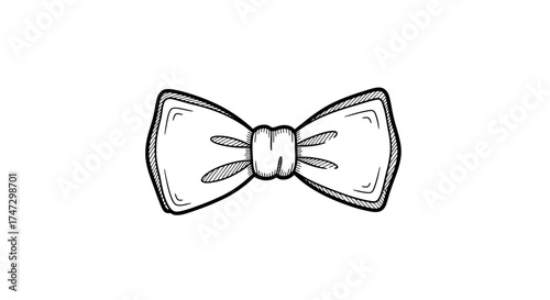 A simple black and white illustration of a classic bow tie, centered.