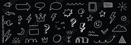 White hand-drawn doodle icons on black background, sketch arrows, stars, crowns, speech bubbles, abstract symbols, playful cartoon elements, flat vector illustration