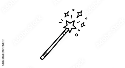 Illustration of a magic wand with a star at the top, surrounded by sparkling stars, in a simple line art style.
