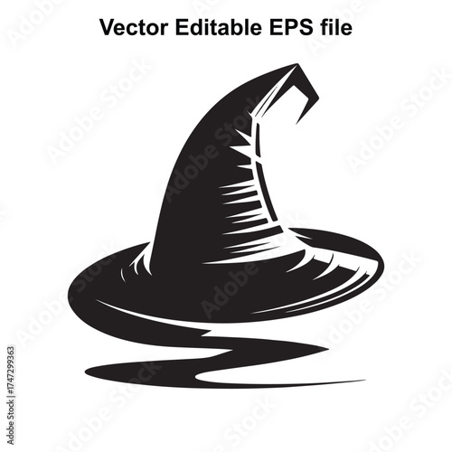 Vector art of stylized black witch hat with pointed tip and wide brim