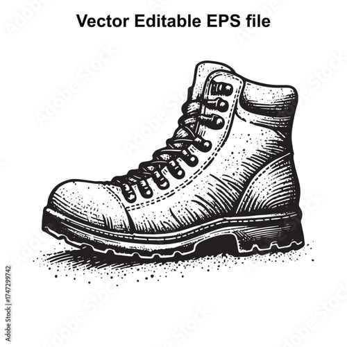 Vector art of a detailed illustration of a hiking boot, , showcasing its rugged design and lacing system