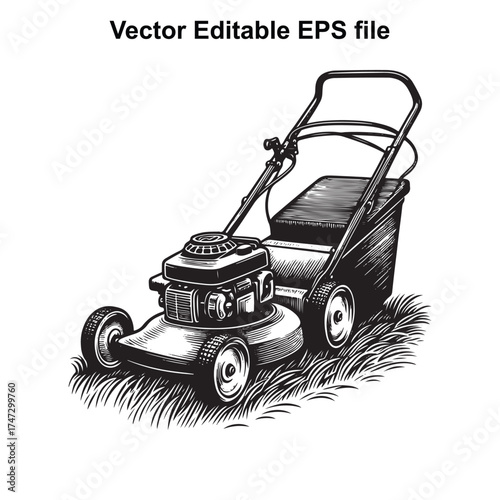 Vector art of vintage black and white illustration of a push lawn mower with a grass catcher