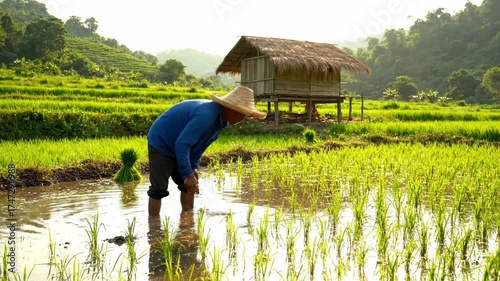 A Southeast Asian farmer planting rice seedlings in a lush green paddy field