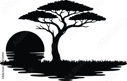 Tranquil Savannah Illustration in African Landscape Silhouette Wildlife Art for Nature and Decor Design