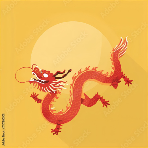 Vibrant Red Chinese Dragon Illustration in Front of a Large Yellow Full Moon