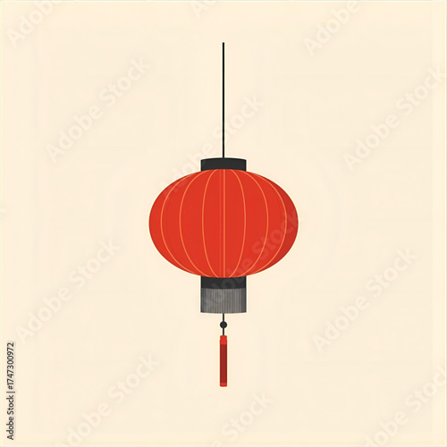 Traditional Chinese Red Lantern Illuminated with Warm Light Against a Soft Beige Background