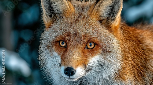 Close-up of a fox head with orange and white fur against a blurred background.