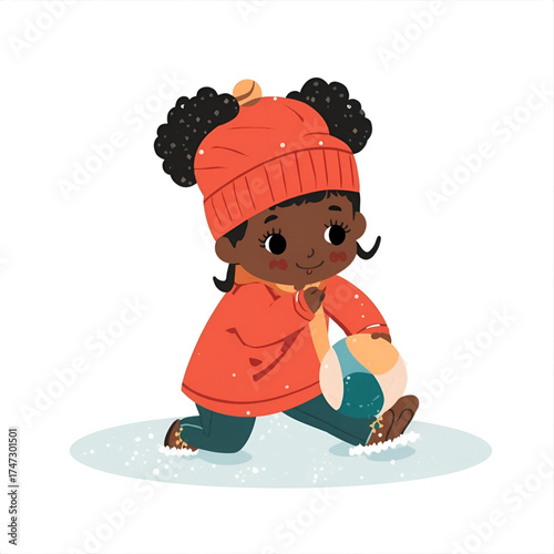 Cheerful young black girl dressed warmly in a beanie and coat has fun playing outside in the snow, holding a snowball