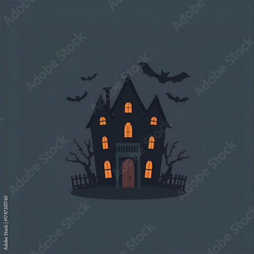 Spooky haunted mansion with bats flying around on a dark night, perfect for Halloween celebrations and spooky events
