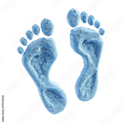 A pair of light blue human footprints rendered with a three dimensional layered texture resembling a topographic map set against a solid black background