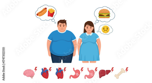 Overweight man and woman with thought bubbles of unhealthy food, depicting the negative health effects of poor diet on various organs.