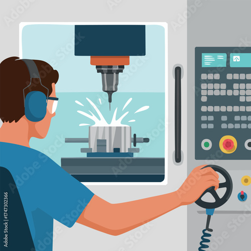 CNC milling operator at control panel, end mill cutting in vise
