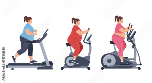 Three overweight women exercising on a treadmill, stationary bike, and elliptical machine, illustrating fitness and healthy lifestyle concepts.