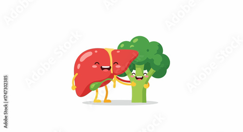 Cartoon illustration of a happy human liver hugging a smiling broccoli floret, promoting healthy eating and organ health.