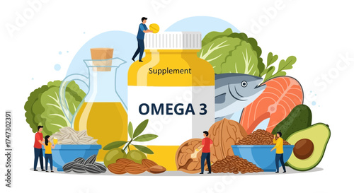 Illustration of a large Omega-3 supplement bottle surrounded by food sources and tiny people interacting with the bottle and food.