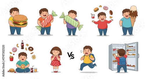 Cartoon illustration showing overweight boy with junk food compared to a healthy girl, depicting unhealthy eating habits and obesity.