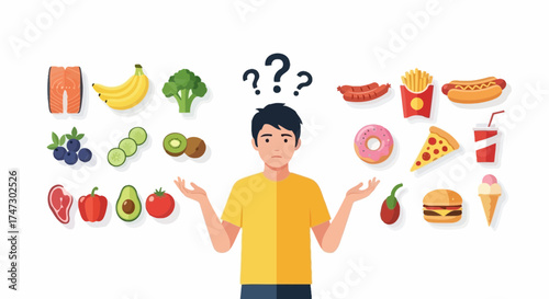 A man stands with arms outstretched, pondering a choice between healthy fruits and vegetables and unhealthy fast food options, indicated by question marks above his head.