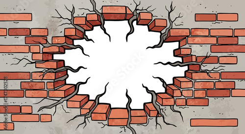 Cartoon illustration of a brick wall with a large, irregular hole in the center, surrounded by exposed roots.