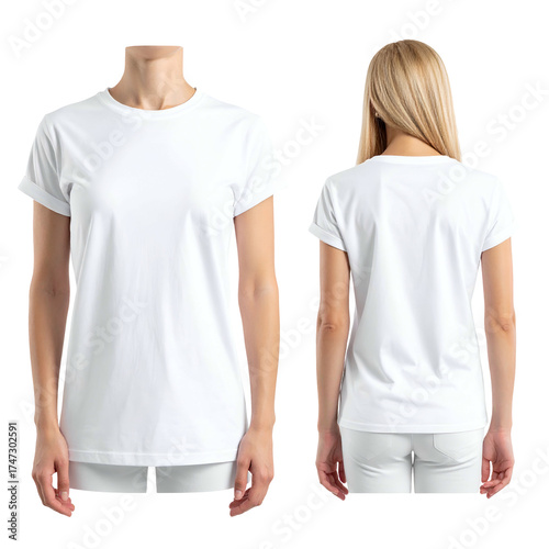 Two views, front and back, of a person modeling a blank white, short-sleeved t-shirt