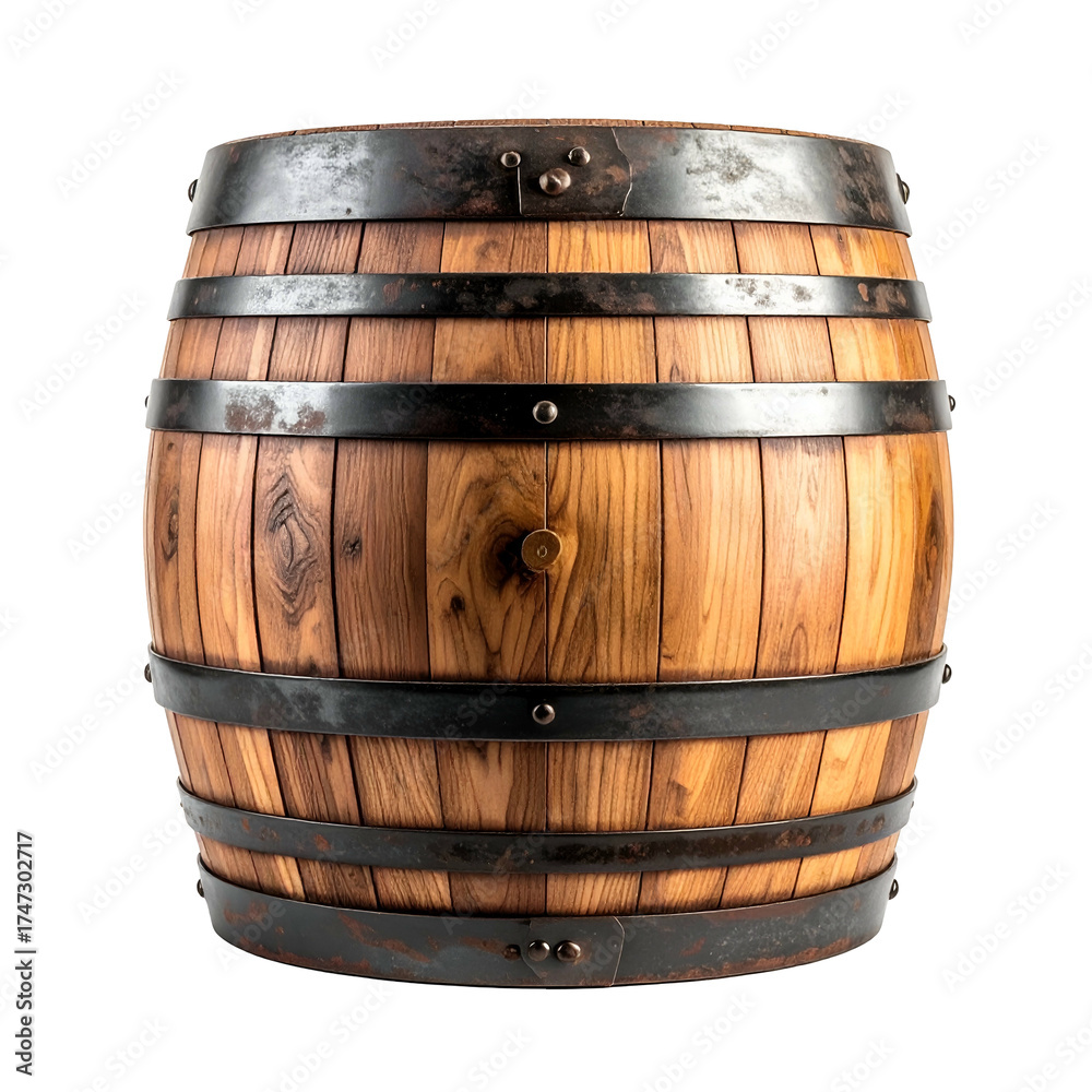 Fototapeta premium A wooden barrel with iron bands, showcasing its detailed grain and robust structure, isolated on black