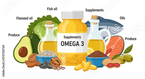 Illustration depicting various sources of Omega 3 supplements, including fish, oils, seeds, nuts, avocados, and a bottle of Omega 3 capsules.
