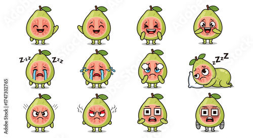 A collection of guava fruit cartoon characters displaying various emotions, including happiness, sadness, anger, and sleepiness, against a white background.