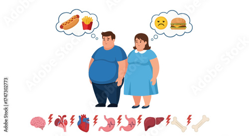 Overweight couple thinking about unhealthy food, with illustrations of damaged organs and bones below, representing the negative health effects.
