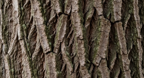 Detailed close-up texture of rough tree bark with natural green moss accents