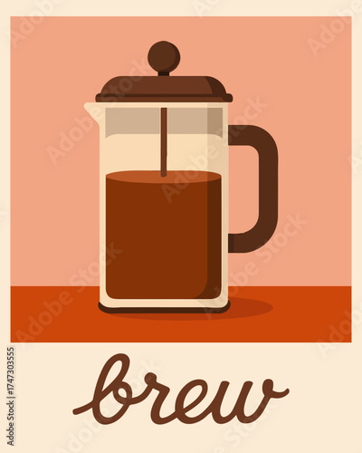 French press in retro style coffee poster in warm brown and pink tones. Perfect for kitchen decor, cafe, menus, coffee shop branding or coffee lover gifts.