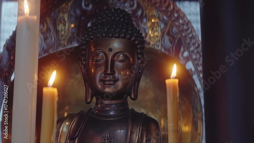 Bronze buddha statue with candles