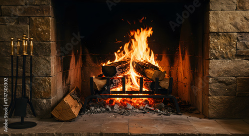 burning firewood in the fireplace